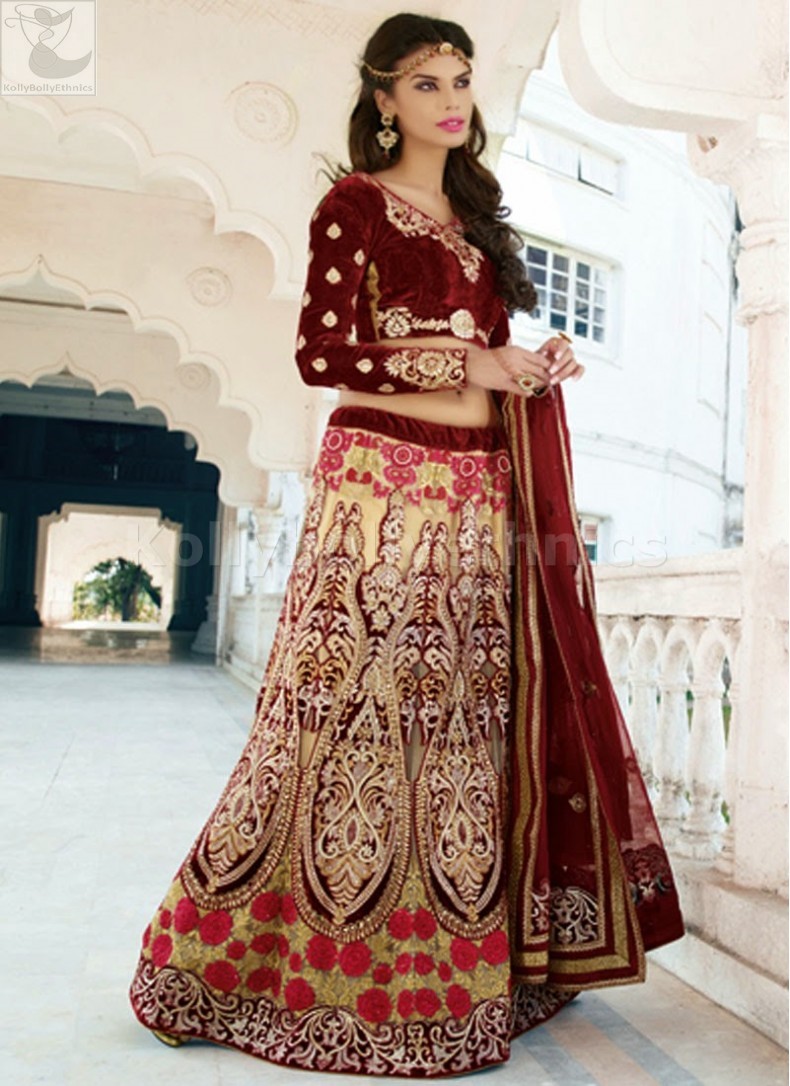 Maroon Velvet Bridal Lehenga Choli